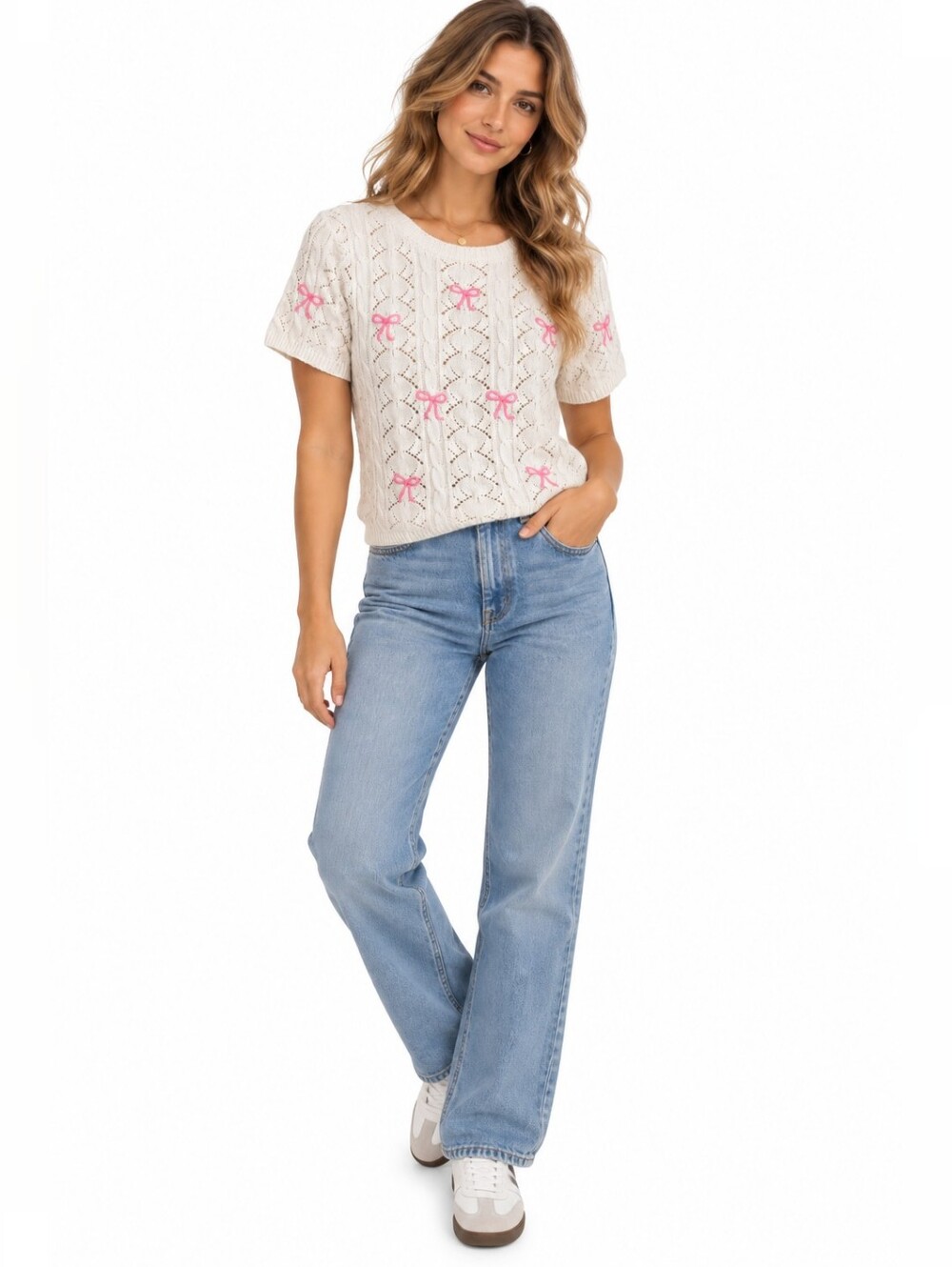 Women's Ole by Koton Cream Short Sleeve Tee with Pink Bows, Size S